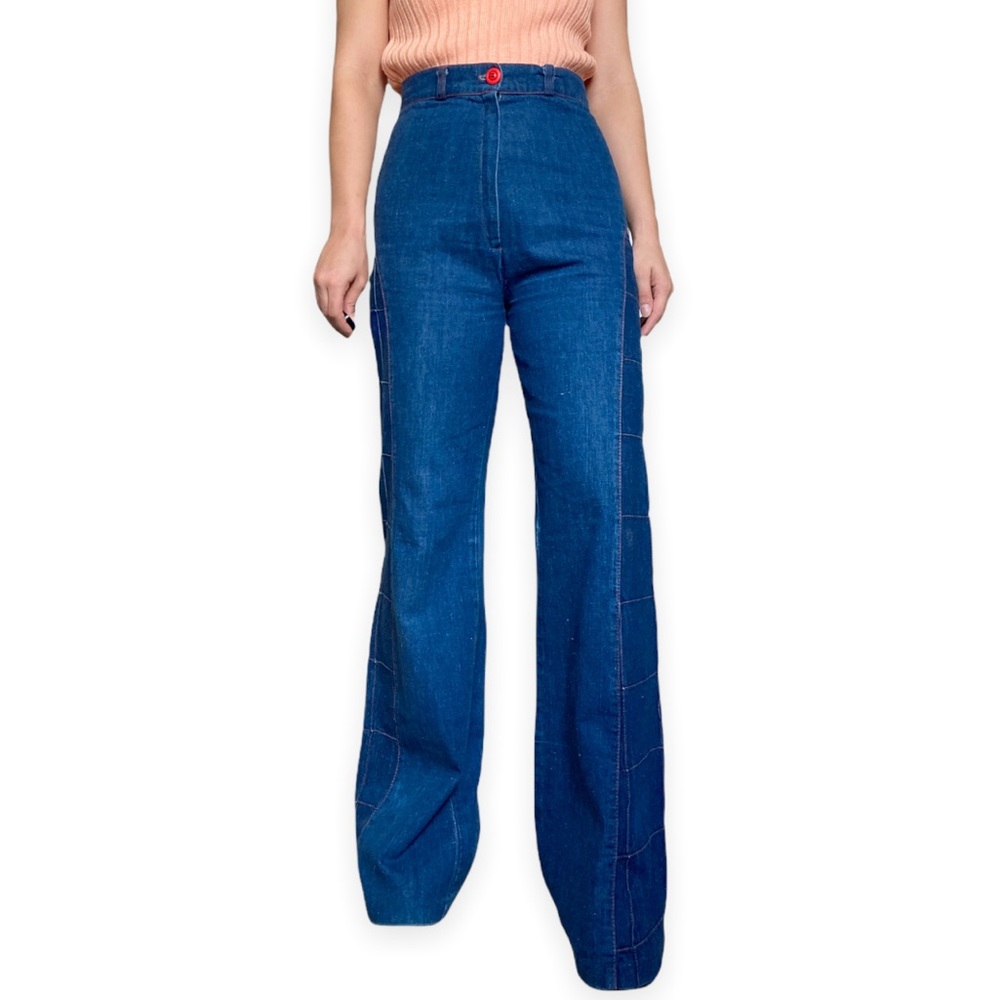 Vintage 70s Patchwork Bell Bottom Jeans Dark Wash High Waisted